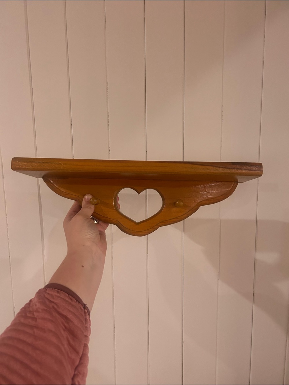 Wood Heart Cutout Wall Shelf With 2 Pegs 14” Country Cottage Decor